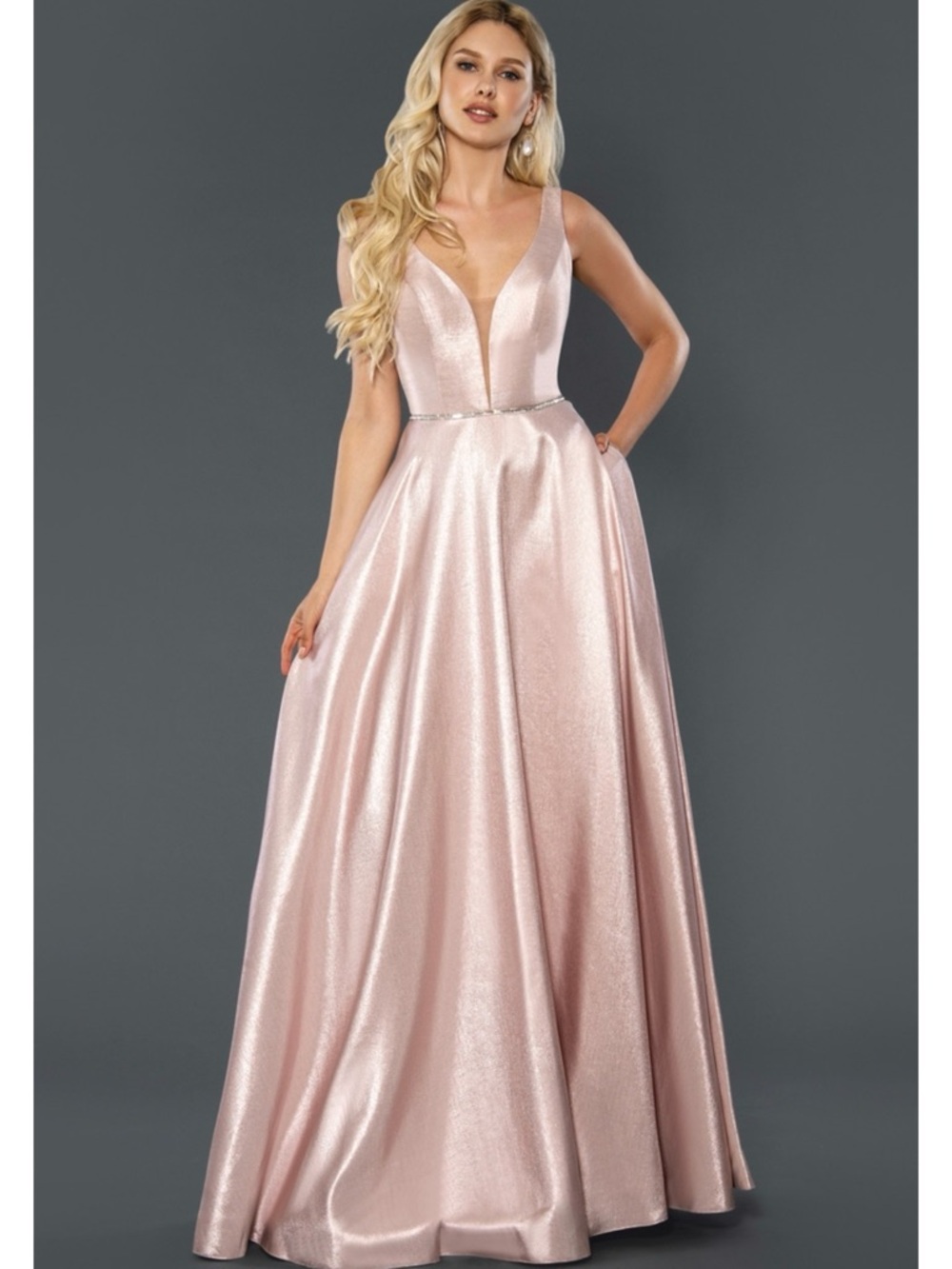 Blush Pink Satin Deep V Prom Gown